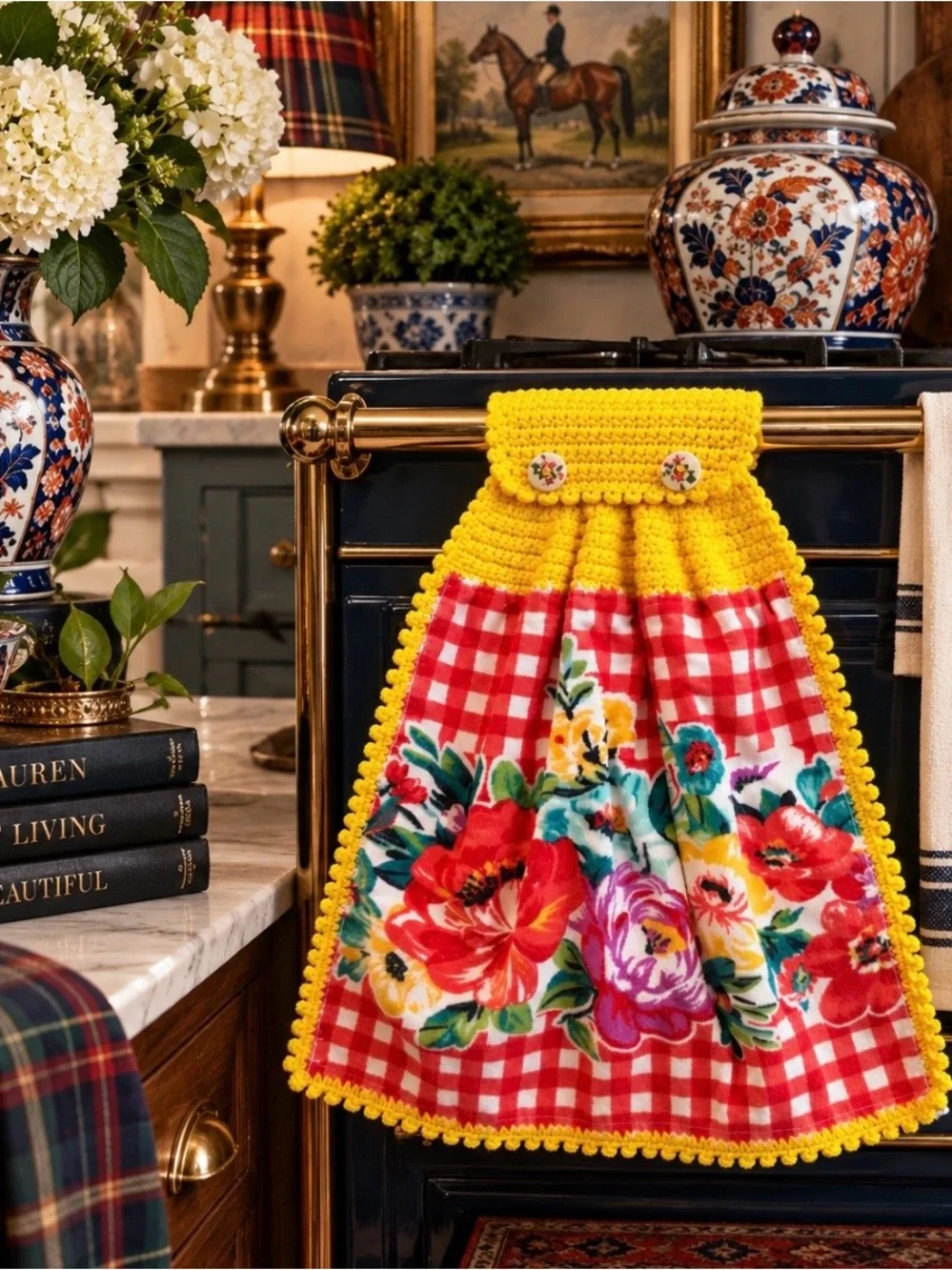 Pioneer Woman Floral Gingham Crochet Hanging Kitchen Towel